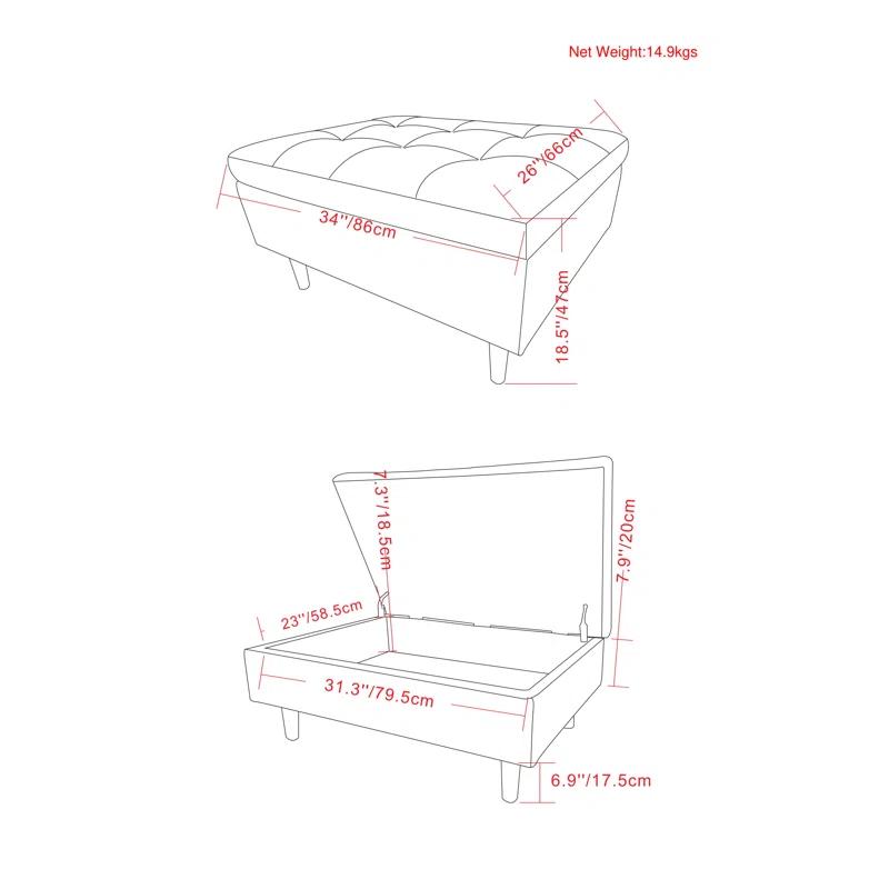 Simpli Home Shay 34"W Upholstered Coffee Table Storage Ottoman with Lift Top and Tufted Detailing