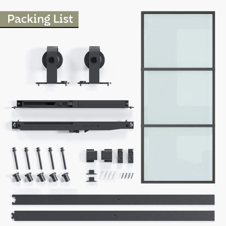 Metal and Glass Sliding Barn Door with Installation Hardware Kit ( Soft-close Included)