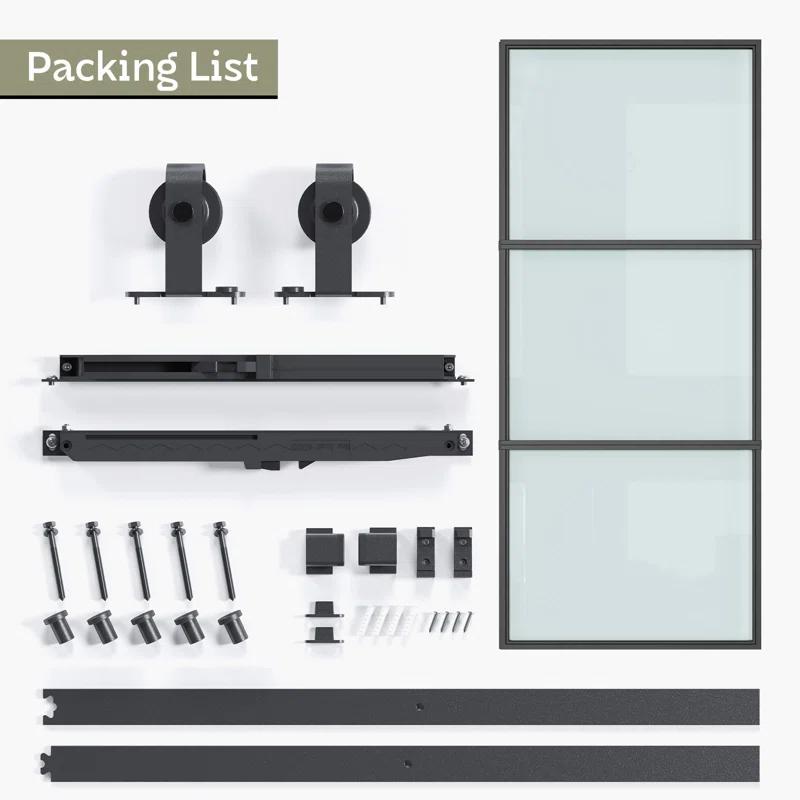 Metal and Glass Sliding Barn Door with Installation Hardware Kit ( Soft-close Included)