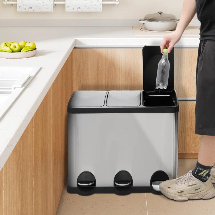 MoNiBloom 12 Gallon Trash Can with 3 Compartments, Step On Garbage Can with Soft-Close Lids and Inner Buckets