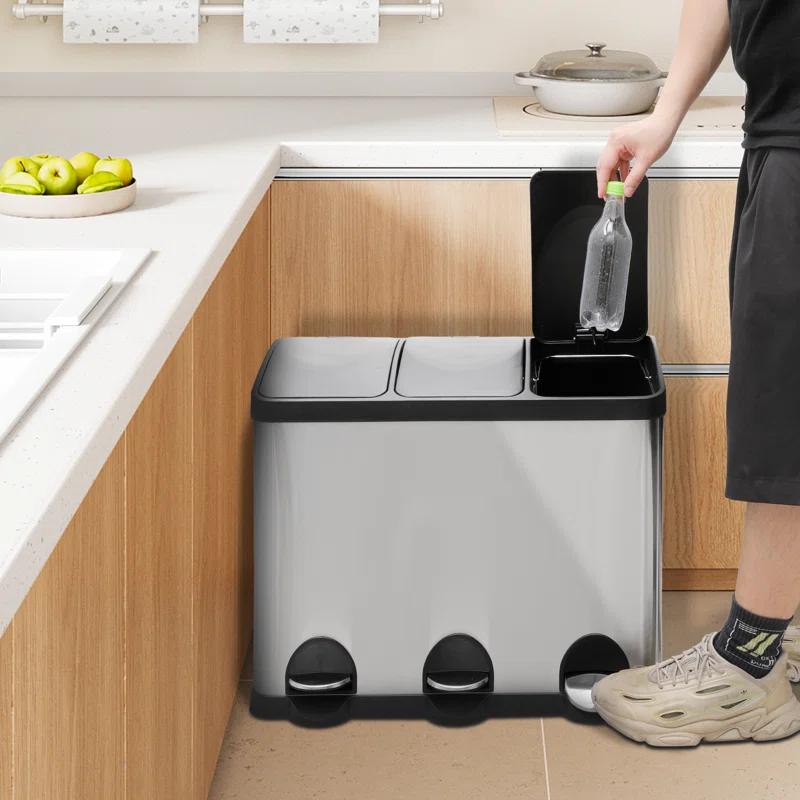 MoNiBloom 12 Gallon Trash Can with 3 Compartments, Step On Garbage Can with Soft-Close Lids and Inner Buckets