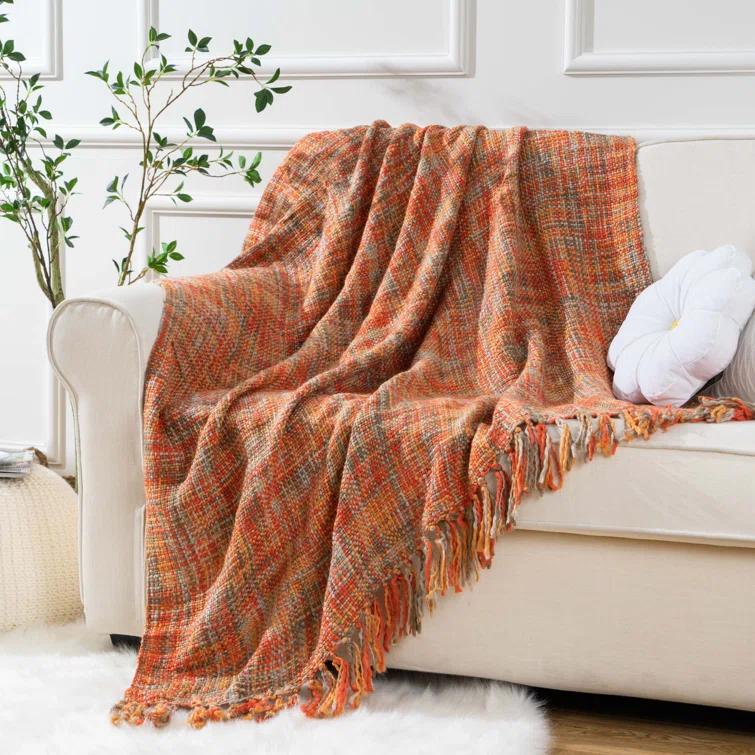 Battilo Home Rust Orange Throw Blanket For Couch, Bed, Boho Colorful Throw With Tassels, Halloween Decor, Fall Home Decor, 50"X60" | Wayfair