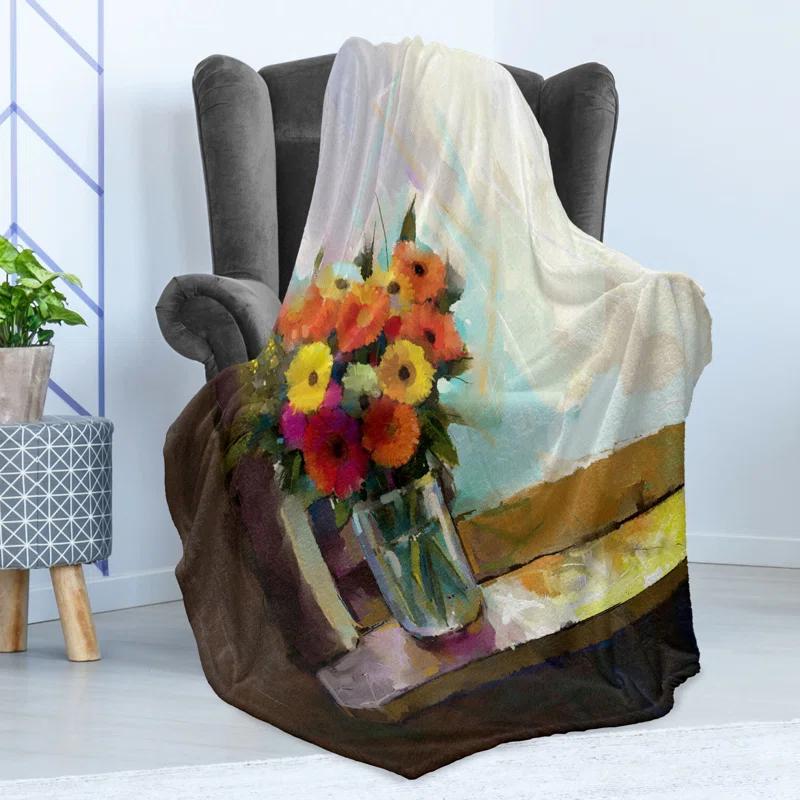 Ambesonne Ambesonne Gerber Daisy Fleece Throw Blanket Bouquet in a Vase Art Multicolor