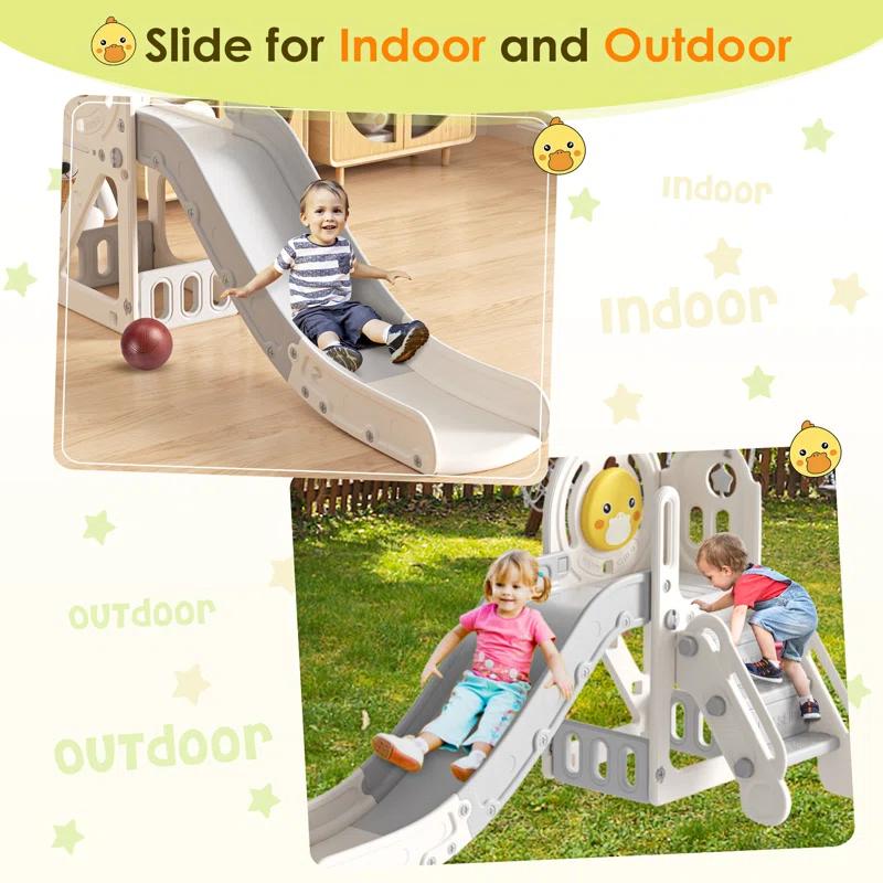 5 in 1 Toddler slide, Kids Slide with Climber Outdoor Indoor Slide Cute Duck Theme Playset
