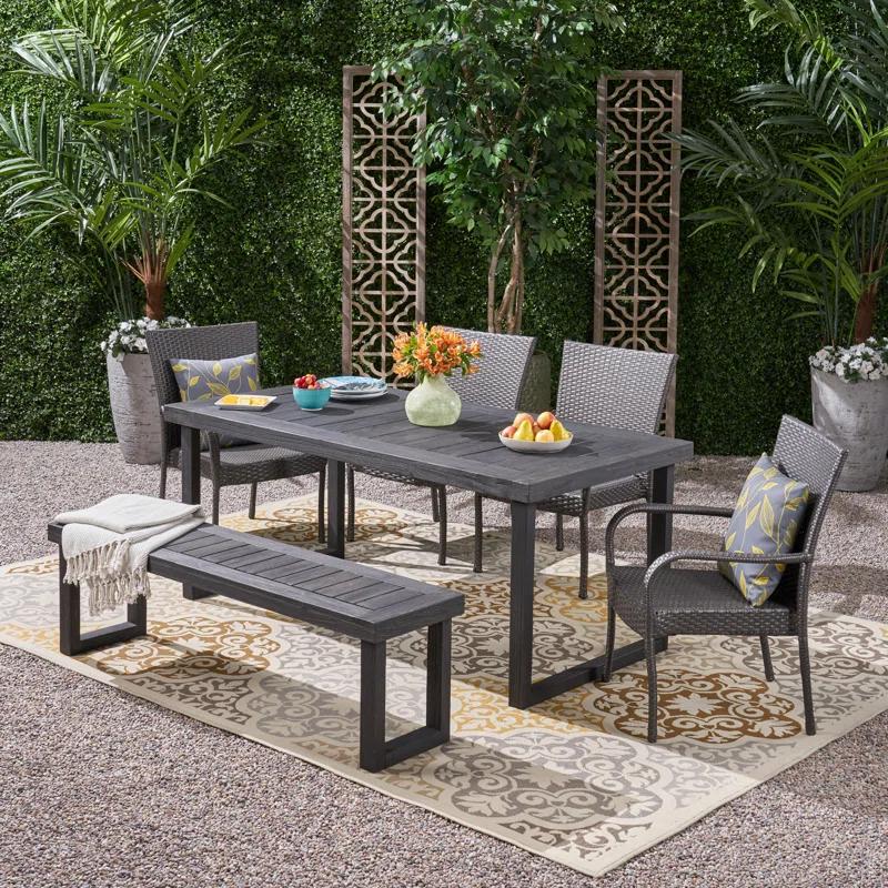Williston Forge Rhinehart 6 - Person Acacia Wicker Patio Dining Set with Rectangular Table , Cushions Included