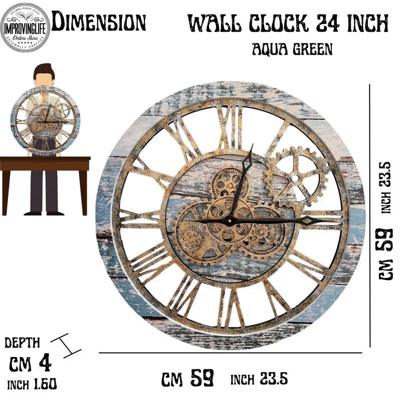 The Gears Clock Wall Clock 24" Round Oversized for Living Room decor with Real Moving Gears America Collection