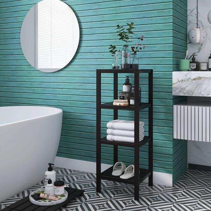 Bathroom Storage Shelf, 4-Tier Bamboo Rack Organizer, Multifunctional Shelving Unit For Living Room Bedroom Kitchen (Black)