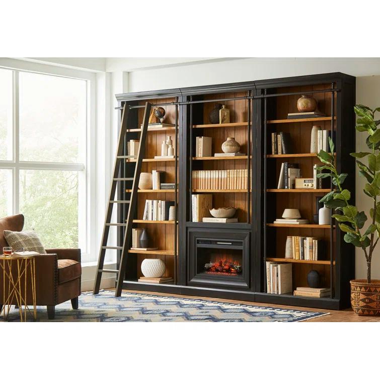 Birch Lane™ Frye Three 8' Tall Bookcase Wall With Fireplace and Ladder, Storage Organizer, Black