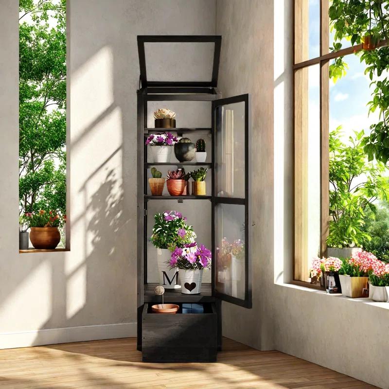 mosaicmotifco Wood Garden Greenhouse Balcony Portable Mini Cold Frame With Movable Storage Box, Adjustable Shelves And 1 Drawer