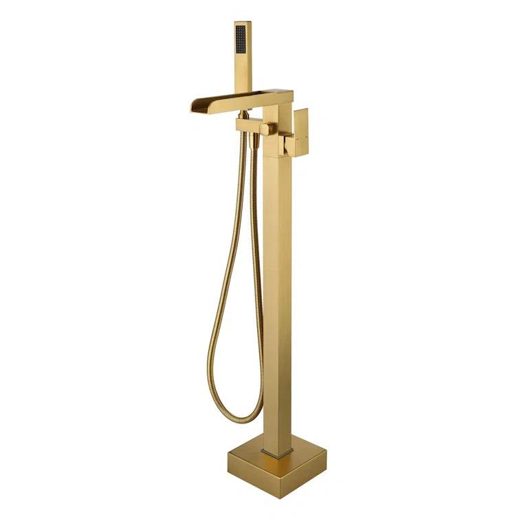 AlenArtWater Waterfall Tub Filler Freestanding Bathtub Faucet Floor Mount Brass Single Handle Bathroom Faucets with Hand Shower 93-LJQKCZ