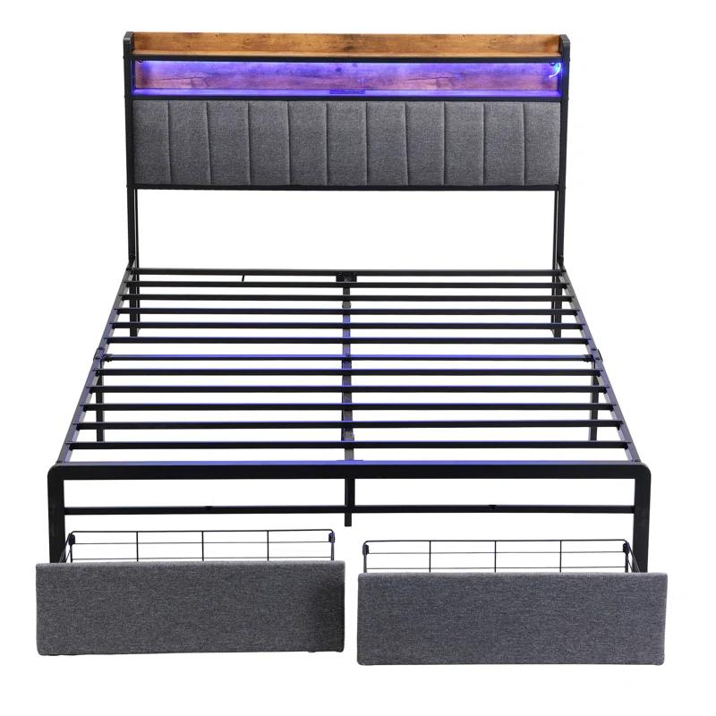 Orren Ellis Full Bed Frame With Storage Headboard And Drawers, Full Size Led Platform Bed Frame, Led Upholstered Bed Frame With Charging Station