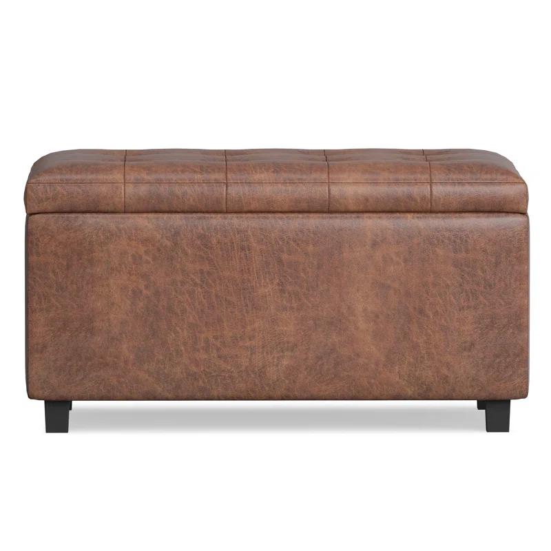 Simpli Home Cosmopolitan 34"W Upholstered Storage Ottoman with Tufted Design and Large Interior Storage