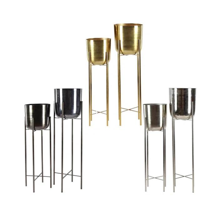 CosmoLiving by Cosmopolitan 2 - Piece Silver Metal Tall Indoor Outdoor Dome Indoor Outdoor Planter with Removable Stand Set