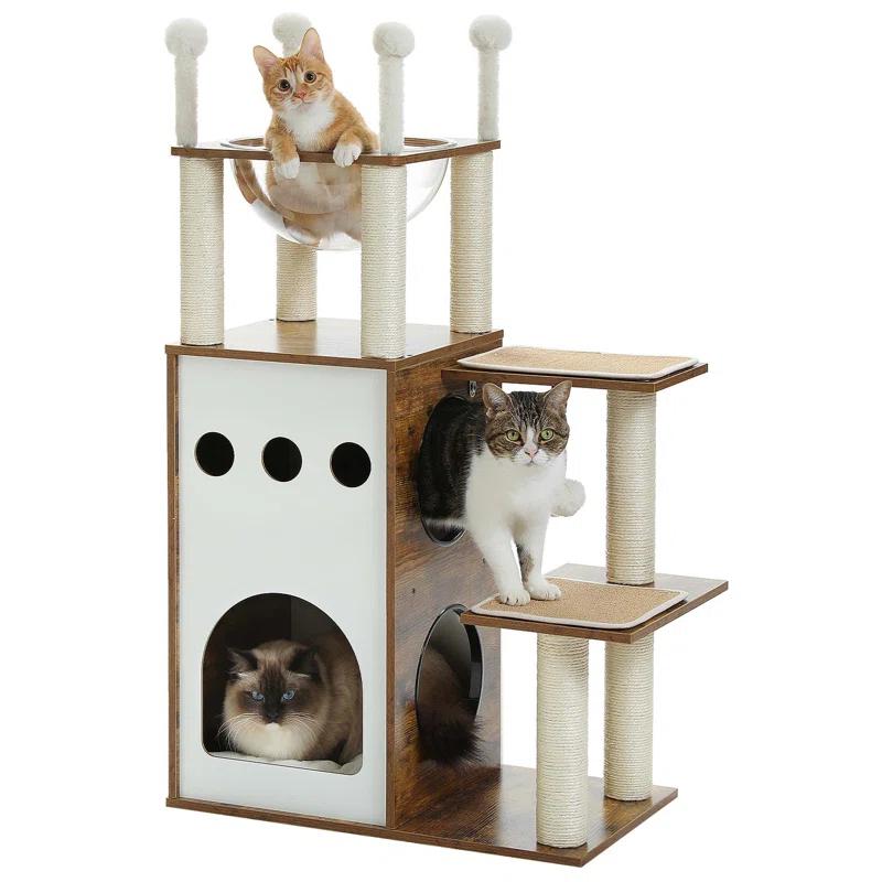 Ivy Bronx Modern Cat Tree Cat Tower With 2-Floor Condo, Scratching Posts, Capsule Nest & Dangling Balls