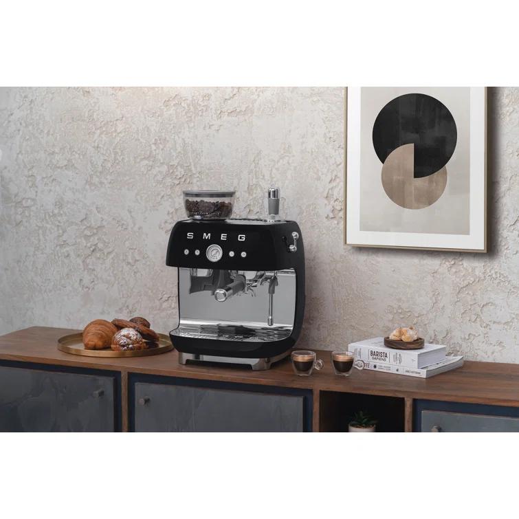 SMEG Black Semi-Automatic Coffee and Espresso Machine with Milk Frother