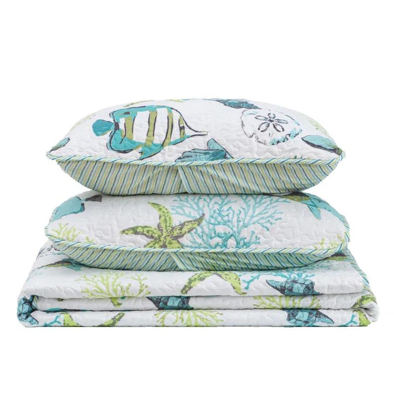 Blue / Green Fish & Seashell Quilt Set with Shams