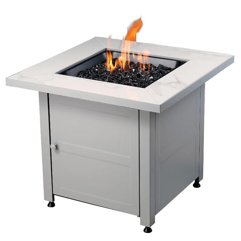 Mr. Bar-B-Q Endless Summer All Weather Outdoor Fire Pit Table with Faux Marble Finish, Black Glass
