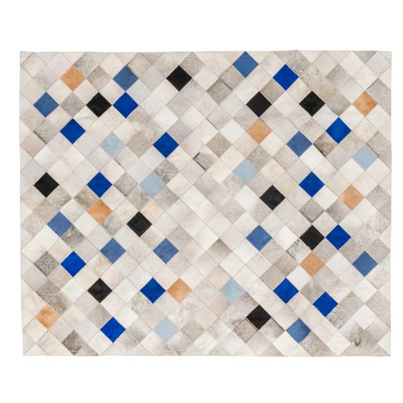 Art Hide Falling Squares Rectangle 5'2" x 6'6" Cowhide Argyle Area Rug in Blue/Gray/White/Brown