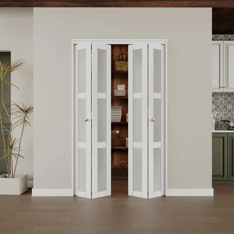 CHIC MODE Double Bifold Doors 3 Lite Frosted Glass Solid Manufactured Wood Prefinished Folding Door