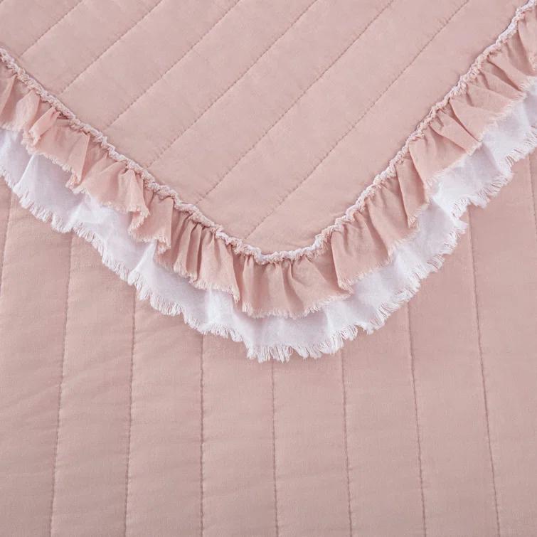 Chezmoi Collection Bonnie Double Frayed Ruffled Edge Cotton Quilt Set