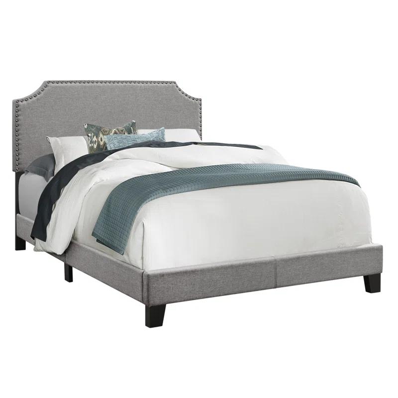 Winston Porter Bed, Bedroom, Upholstered, Grey Linen Look, Chrome Trim, Transitional