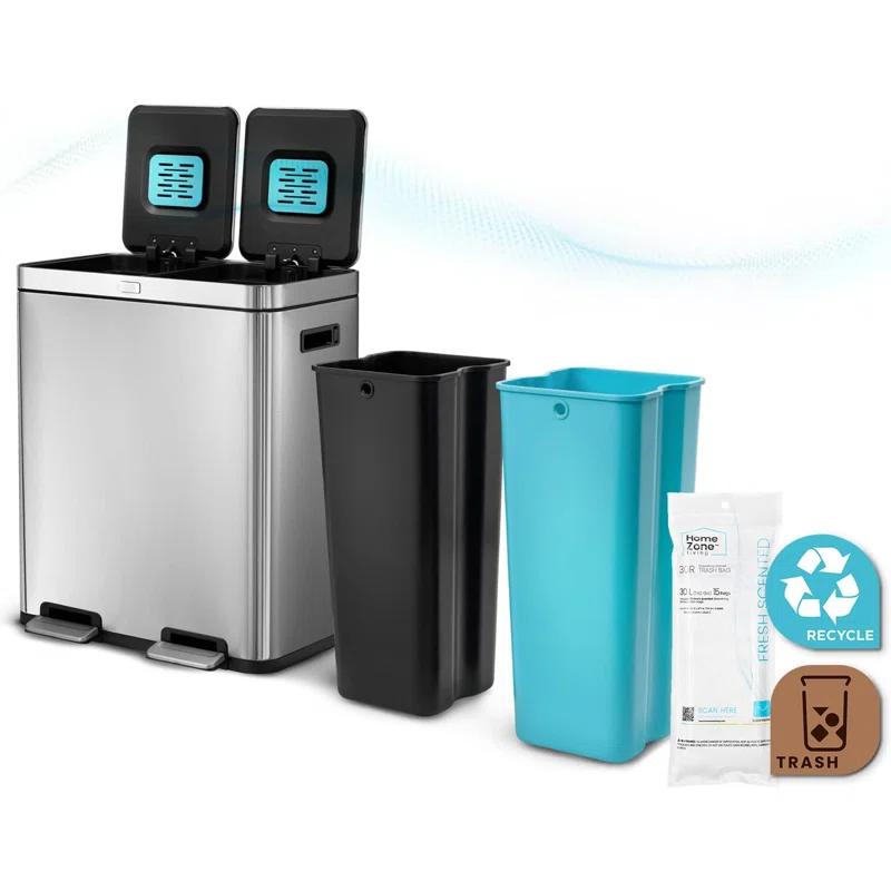 Home Zone Living 15.8 Gallon Stainless Steel Dual Kitchen Trash Can with CleanAura