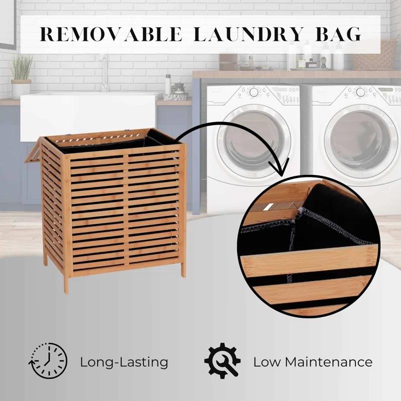Evideco Bamboo Laundry Hamper with Lid, Removable Bag, Slatted Ventilation Design, Large Storage Basket, Perfect for Bathroom or Laundry Room