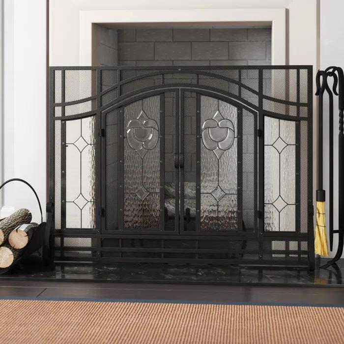 Plow & Hearth Two-Door Fireplace Screen with Tempered Glass Floral Panels