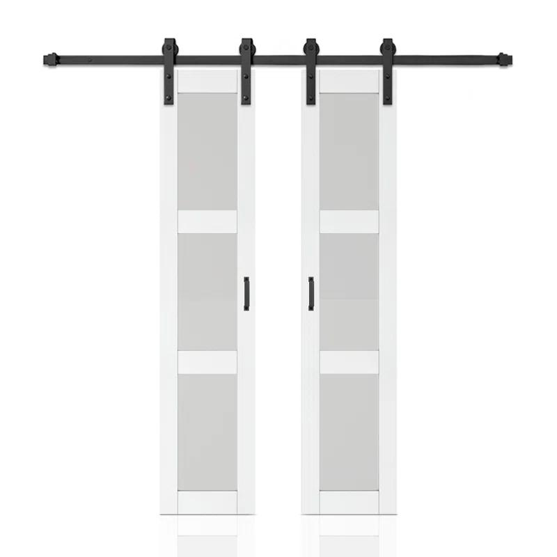 Calhome 3-Lite Tempered Frosted Glass White Finished Composite Double Sliding Barn Door with Hardware Kit Handle