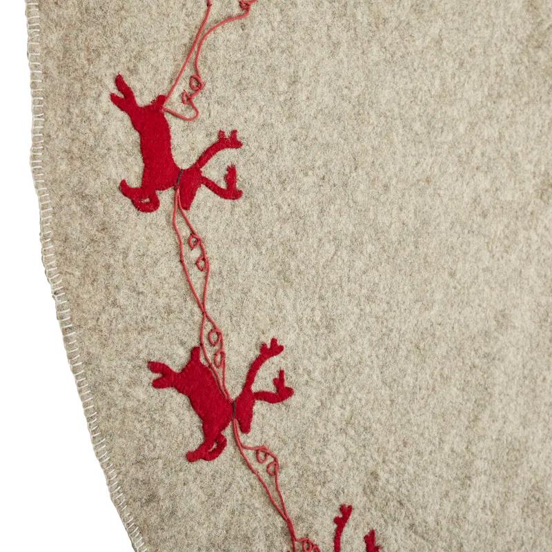 Arcadia Home Reindeer tree skirt- grey with red reindeer and cream whip stitch-72"
