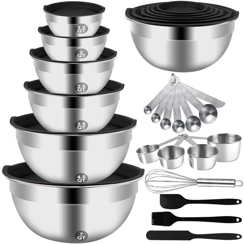 Mixing Bowls Set, 27PCS Stainless Steel Mixing Bowl With Lid Set, Large Nesting Bowls 7, 4.5, 3, 2.5, 2, 1.5QT, Measuring Cups And Spoons Baking Utensils Metal Bowl For Kitchen Prep