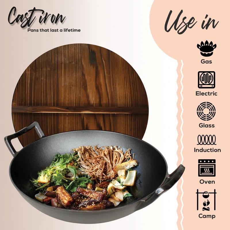 Open Box NutriChef Cooking Wok Cast Iron Stir Fry Pan with Wooden Lid, Black