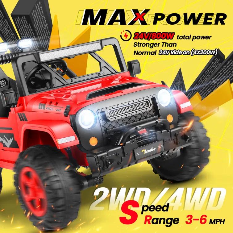 Ancheer Alex 24V 4WD//2WD Ride On Jeep Truck,2 Seater Kids UTV With 4X200w Powerful Engine,Remote Control,Bluetooth,20 Wide Seat,Vehicles for Kids Toddlers