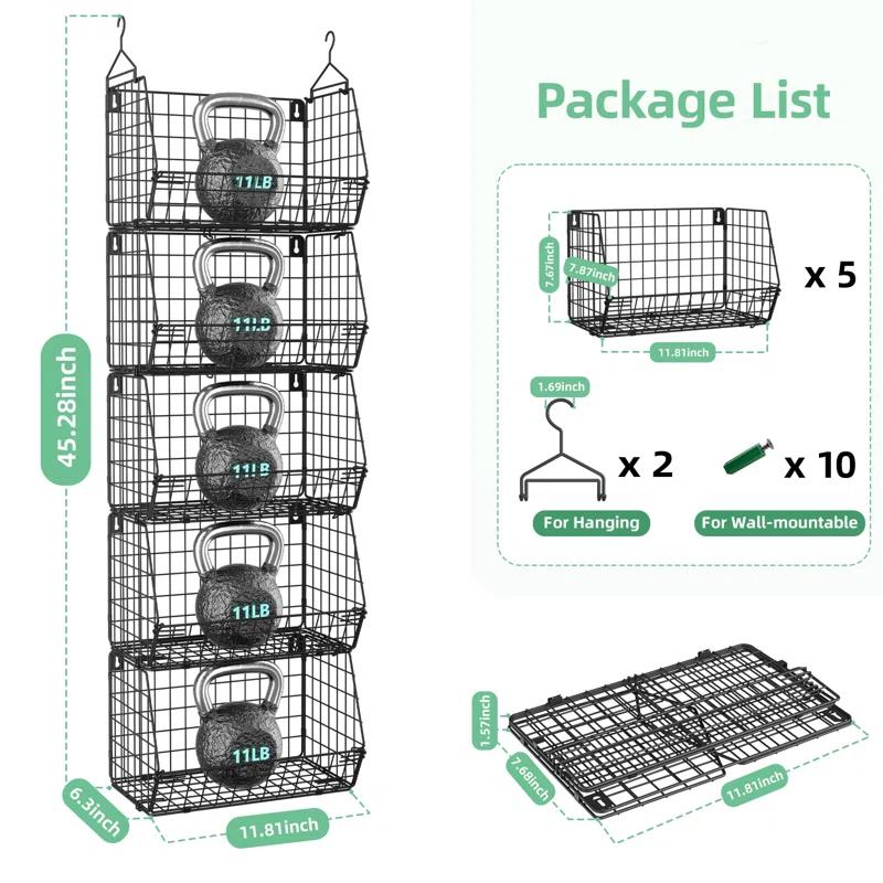 Rebrilliant Hanging Baskets For Organizing, 5 Tier Wall Basket Storage For Kitchen, Wire Closet Organizer Shelves For Small Space, Multifunctional Wall Mounted Baskets For Laundry Room, Pantry, Fruit