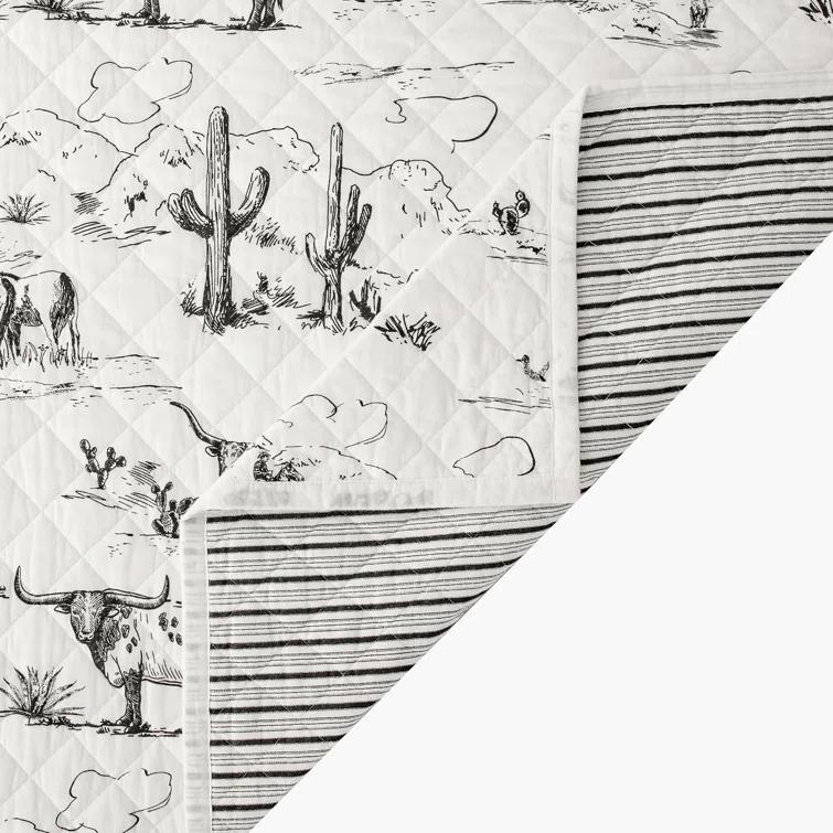 Paseo Road by HiEnd Accents Ranch Life White/Black Cotton Reversible Western Rustic Farmhouse 3 Piece Quilt Set