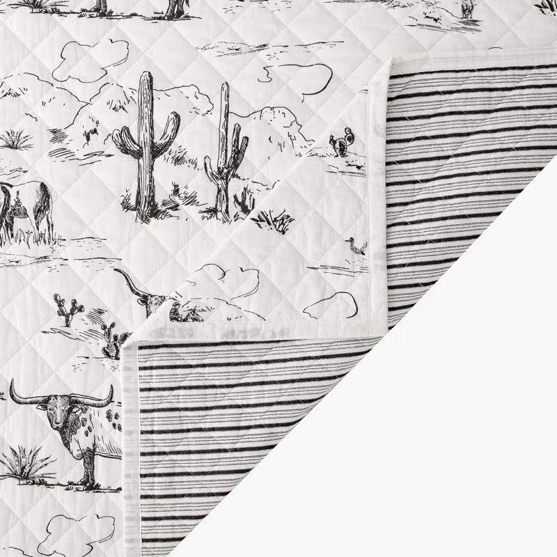 Paseo Road by HiEnd Accents Ranch Life White/Black Cotton Reversible Western Rustic Farmhouse 3 Piece Quilt Set