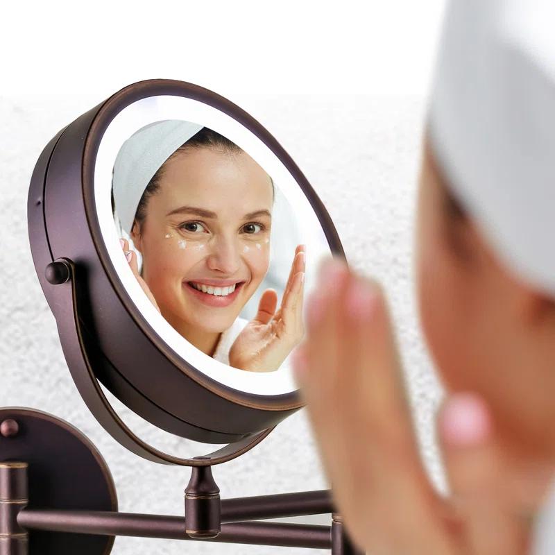 Ovente OVENTE 7" Lighted Wall Mount Makeup Mirror with 1X/10X Magnification, Cordless Double Sided Magnifying Round Vanity Mirror, 360° Swivel Design, Extendable and Folding Arm, Antique Bronze MFW70ABZ1X10X