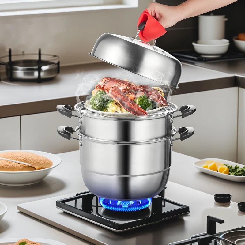 Stellweilan Tessberg Steamer Pot 11in/28cm, 3 Tier Steamer Pot for Cooking with 8.5QT Stock Pot, Vegetable Steamer & 2 Steaming Tray, Food-Grade 304 Stainless Steel Food Steamer Cookware for Gas Electric Stove Grill