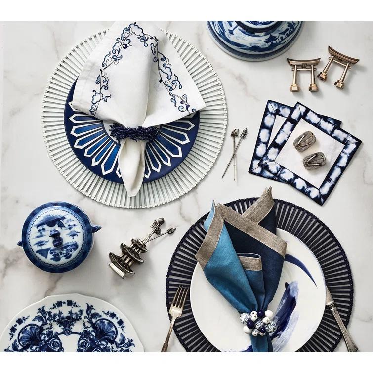 White and Navy Embroidered Linen Napkin Set