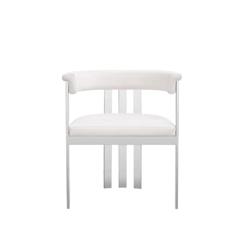 Benjara Cid Tayc 25 Inch Dining Chair, White Faux Leather, Stainless Steel Frame