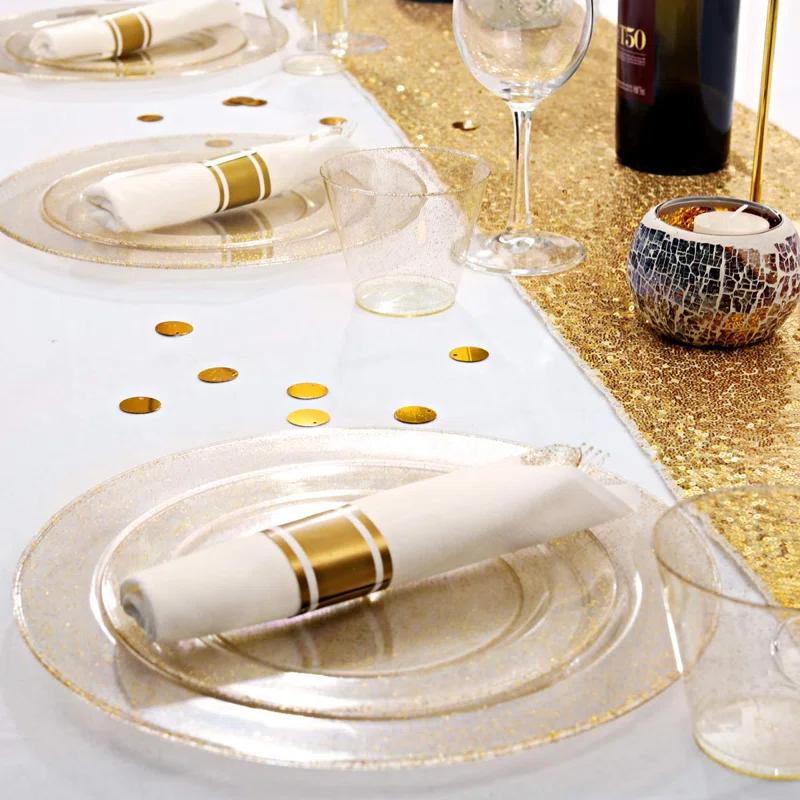 MODERN WALLS LLC 350 Pieces Gold Glitter Dinnerware Set 50 Guest For Party- 50 Dinner Plates, 50 Dessert Plates -50 Per Rolled Napkins With Gold Cutlery - 50 Disposable Cups 9 OZ