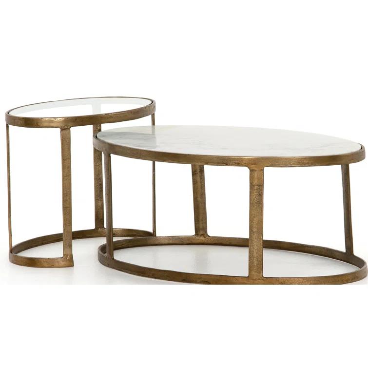 Gold and White Oval Marble Glass Nesting Coffee Table