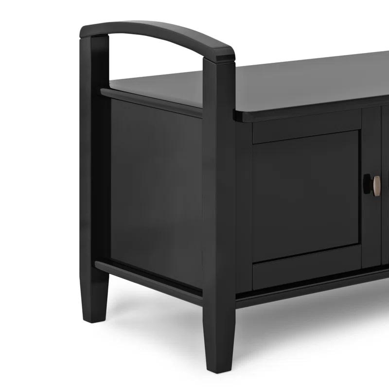 Simpli Home Warm Shaker 44"W Solid Wood Entryway Storage Bench with 3 Cabinets, Shaker-Style Doors and Interior Shelves