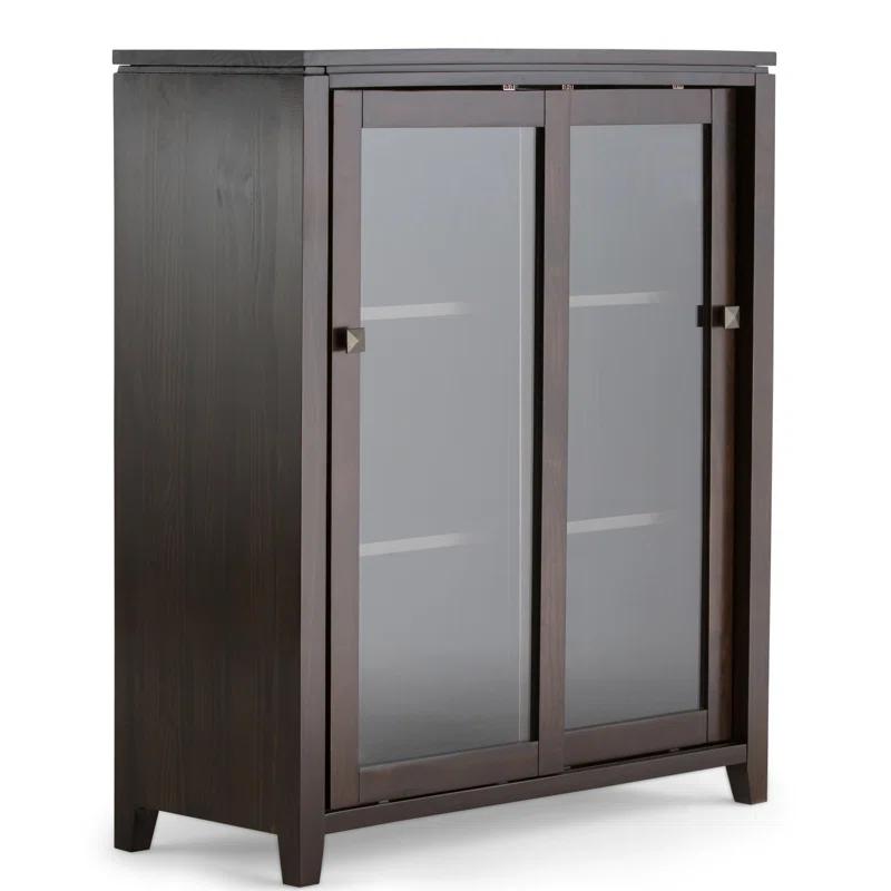 Simpli Home Cosmopolitan 36"W Solid Wood 4-Shelf Contemporary Medium Storage Cabinet with Sliding Glass Doors