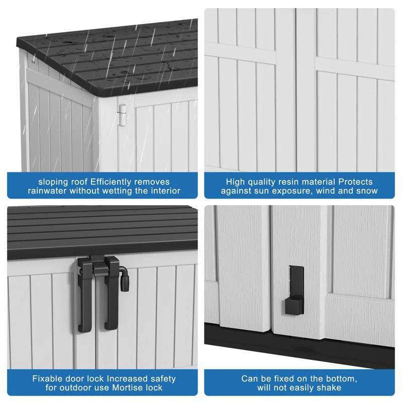 Emperic Design Resin Tool Shed, 36 Cu Ft Waterproof Outdoor Horizontal Storage, Weather-resistant Utility Shed With Air Vent For Trash And Lockable Doors, Garden Tools （black And White）