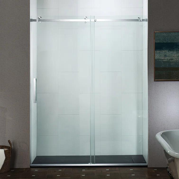 WoodBridge Semi-Frameless Single Sliding Shower Doors, 56-60" W X 76" H With 5/16" Clear Tempered Glass And Explosion-Proof Film MSDF6076-C