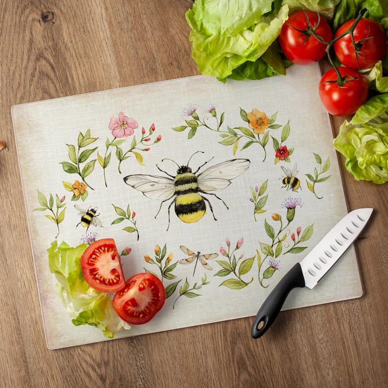 CounterArt CounterArt Bee Wreath 3mm Glass Cutting Board 15” x 12”