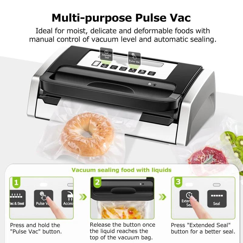 BEACHWATER POOL & SPA, LLC Vacuum Sealer Machine, Powerful Low-Noise Food Vacuum Sealer For High-Speed Continuous Working, Handle Locked Design, Built-In Cutter, 2 Bag Rolls + 100 PCS Vacuum Bags