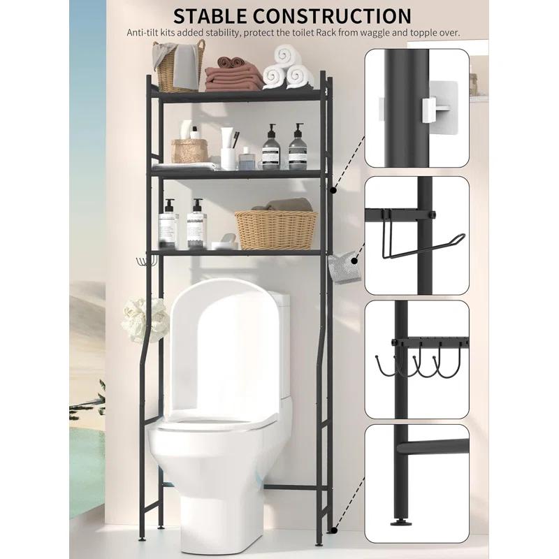 3-Tier Over The Toilet Storage, Space Saver Metal Bathroom Shelves, Freestanding Above Over Toilet Storage Shelf With 4 Hooks For Bathroom, Black