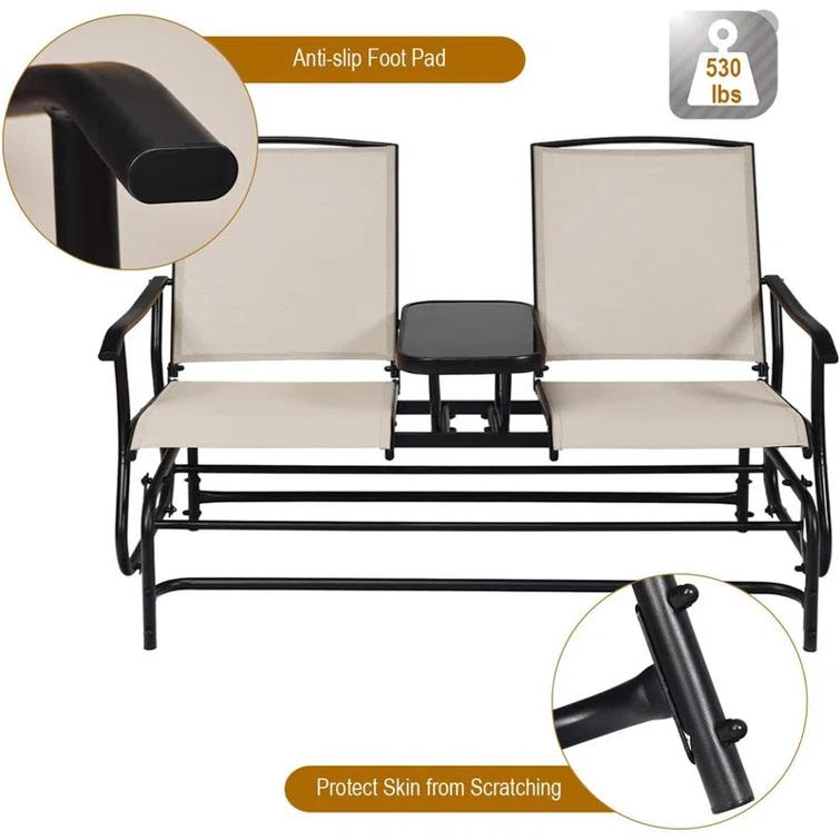 Red Barrel Studio® Patio Bench Glider Chair with Metal Frame, Center Tempered Glass Table, Outside Double Rocking Swing Loveseat for Porch, Garden, Poolside, Balcony, Lawn Rocker Outdoor Glider Bench | Wayfair